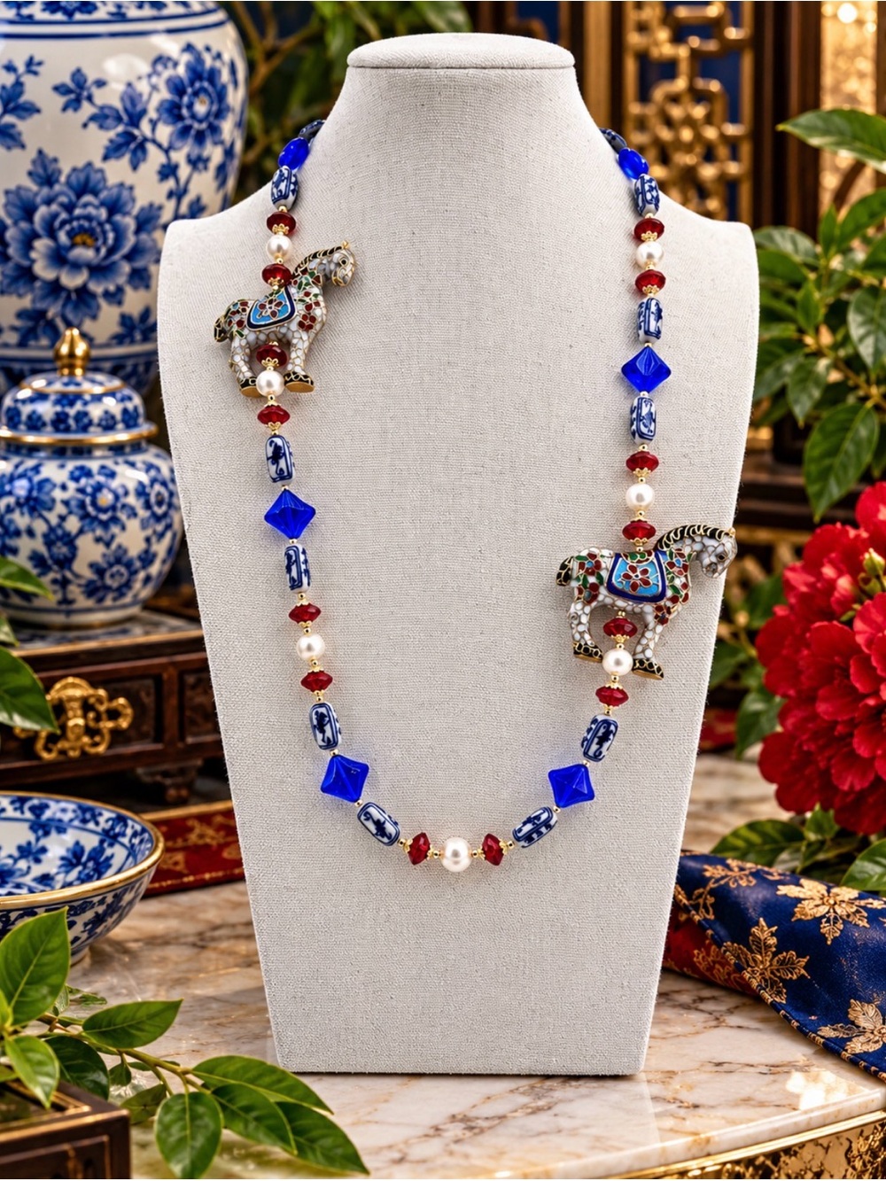 ARTISAN Cloisonné Horse, Asian Import Beads, Czech Glass & Pearl Necklace
